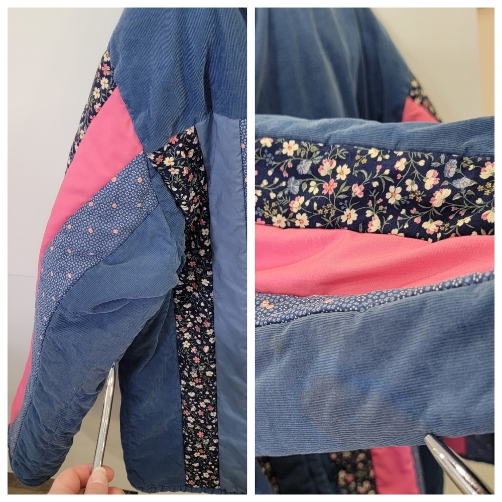 VTG Handmade Reversible Quilted Jacket Patchwork Corduroy Floral Blue Pink XXL - Picture 13 of 17